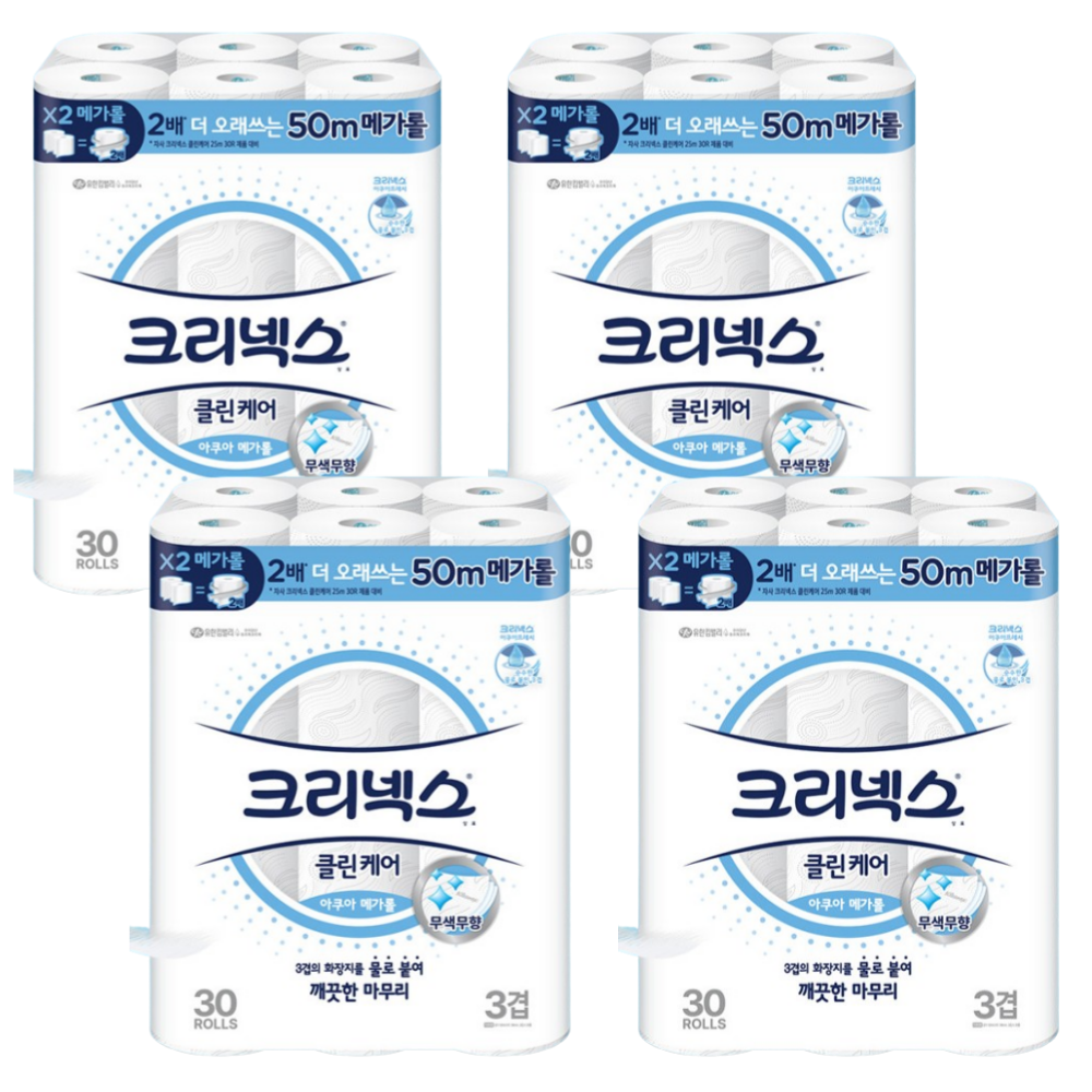 크리넥스 3겹 클린케어 아쿠아 메가롤 50m 30롤 4개