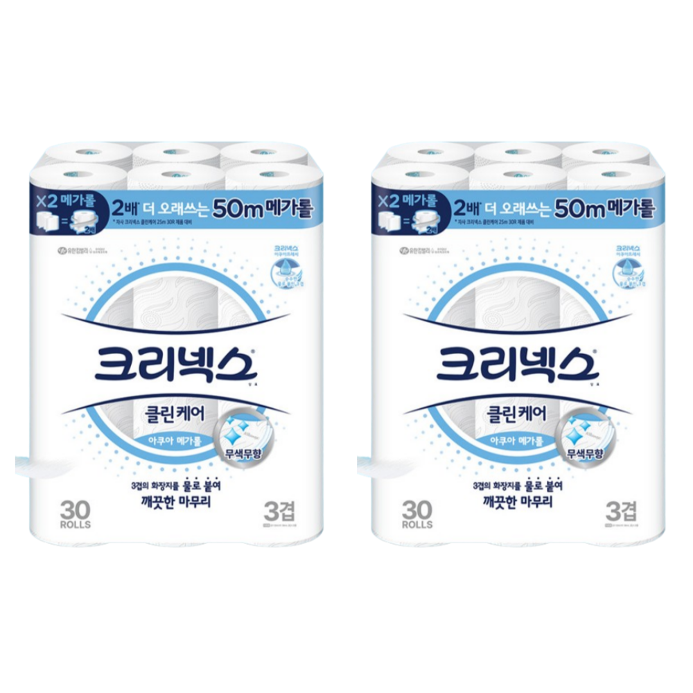 크리넥스 3겹 클린케어 아쿠아 메가롤 50m 30롤 2개