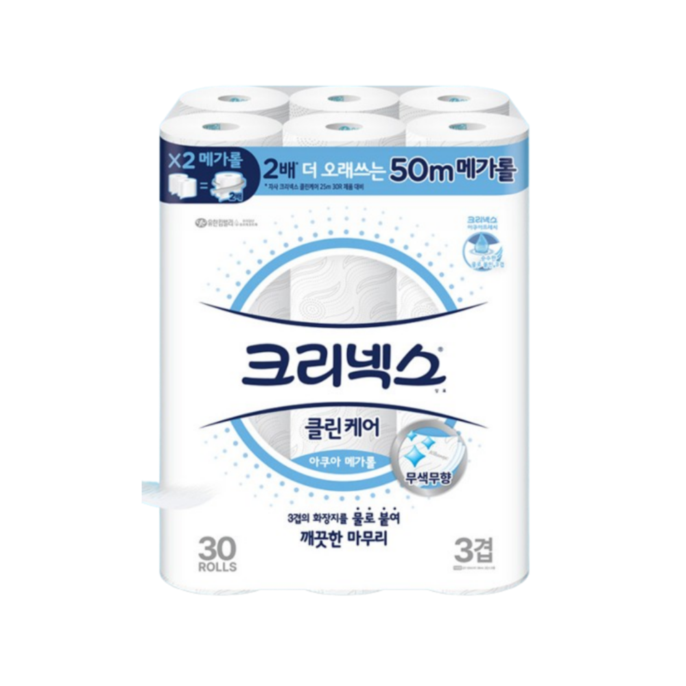 크리넥스 3겹 클린케어 아쿠아 메가롤 50m 30롤 1개