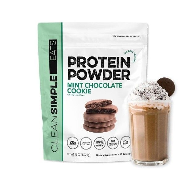 클린 심플 이츠 유청 단백질 파우더 민트 초콜릿 쿠키 맛 자연 감미 소화 효소가 포함된 100% 잔디 사료