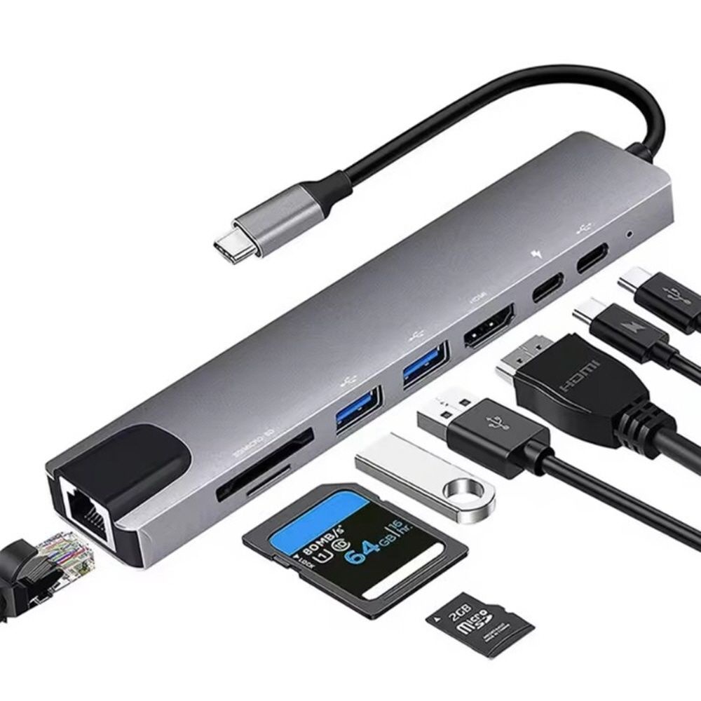 USB3.0 C타입 to 멀티허브 8in1 4K HDMI 미러링 듀얼 모니터 RJ45 랜카드 SD 카드리더기 PC 노트북 PD충전