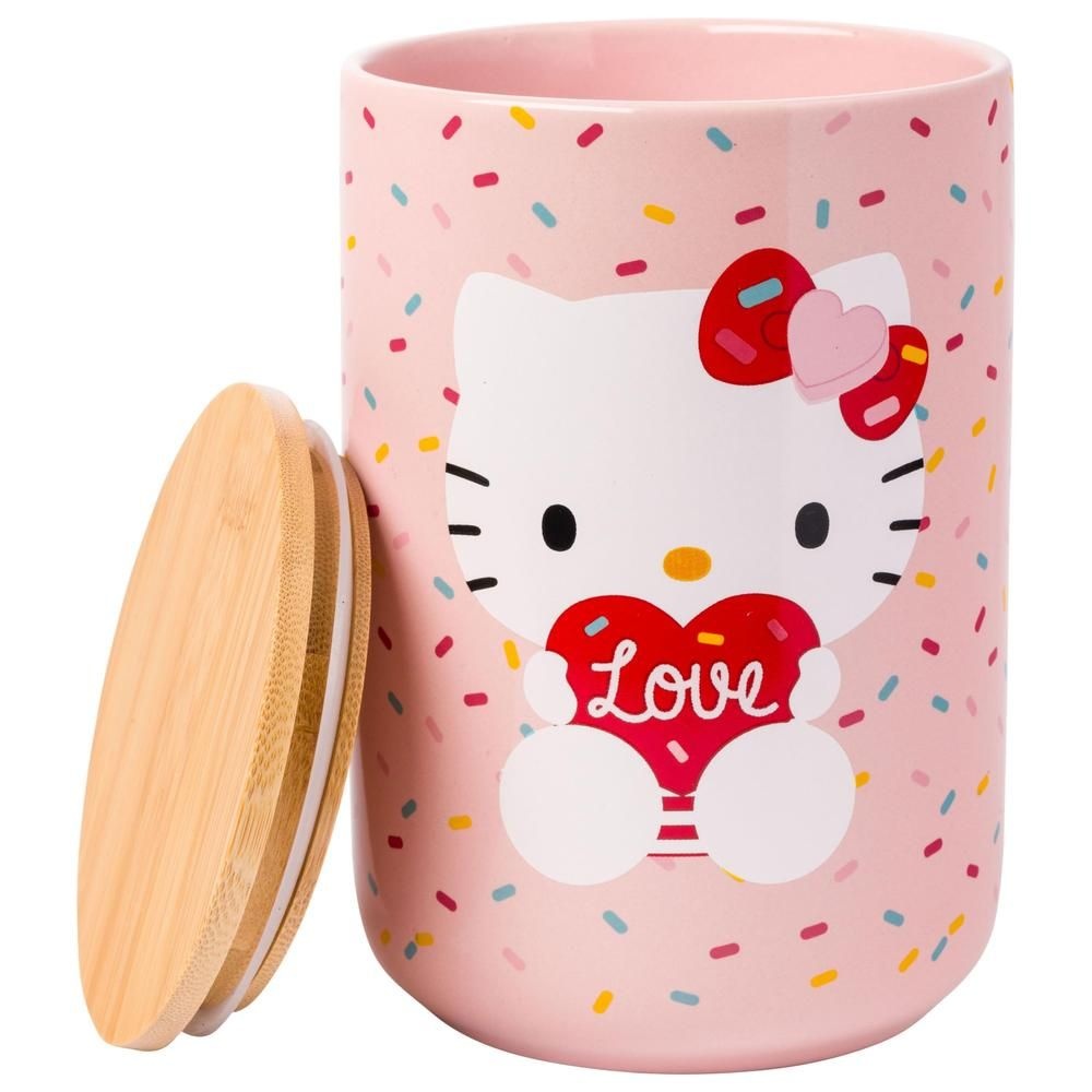 Silver Buffalo [해외] Silver Buffalo Sanrio Hello Kitty Holding Love Heart Ceramic Cookie Snack Candy Jar with Airtight Bamboo Lid (Small)