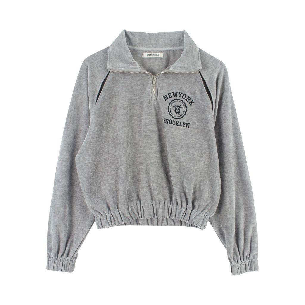 [중고] 솔티페블 (WOMEN - F) 폴리 레이온 자수 반집업 벨벳 크롭 맨투맨