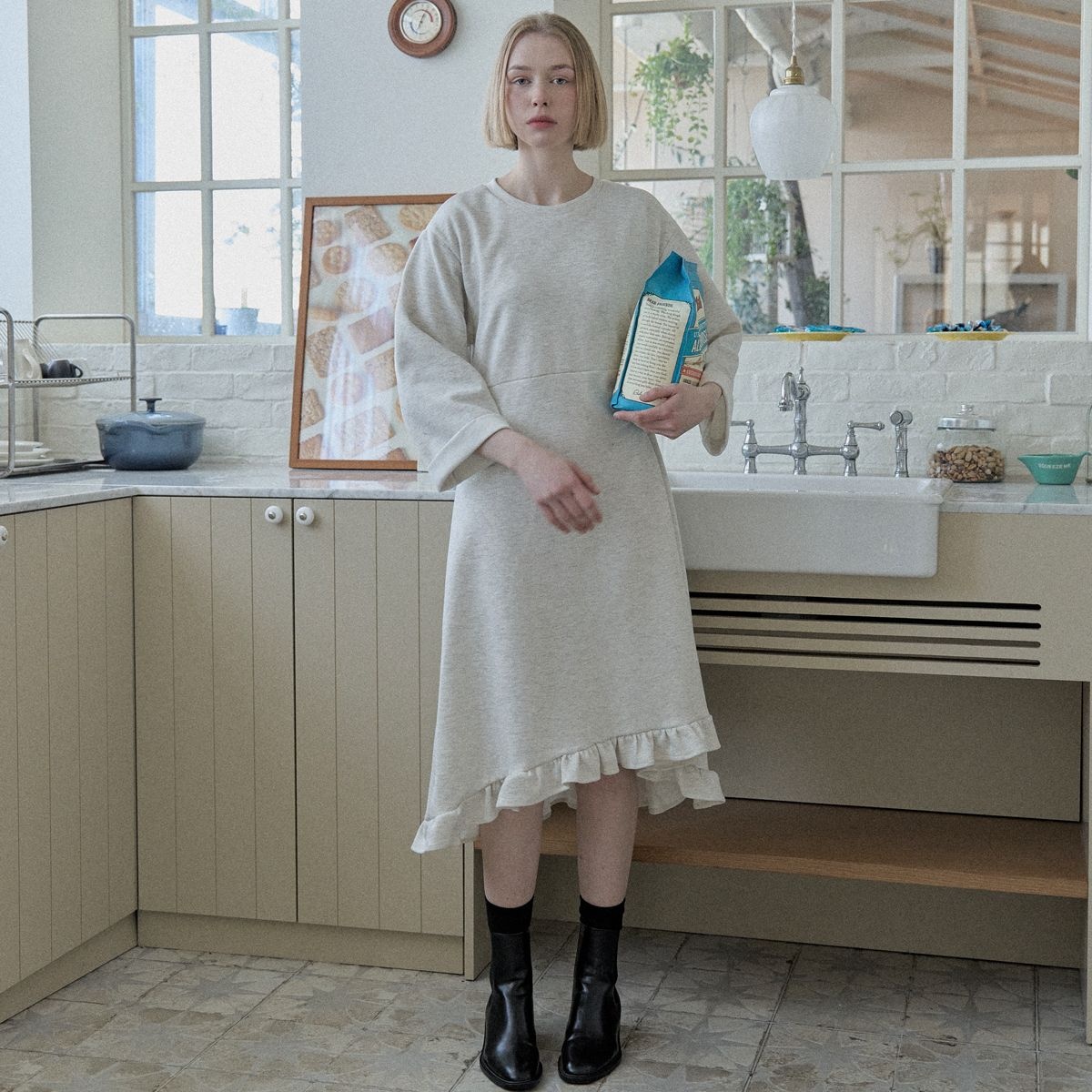 Round Neck Hem Line Frill Dress - OATMEAL