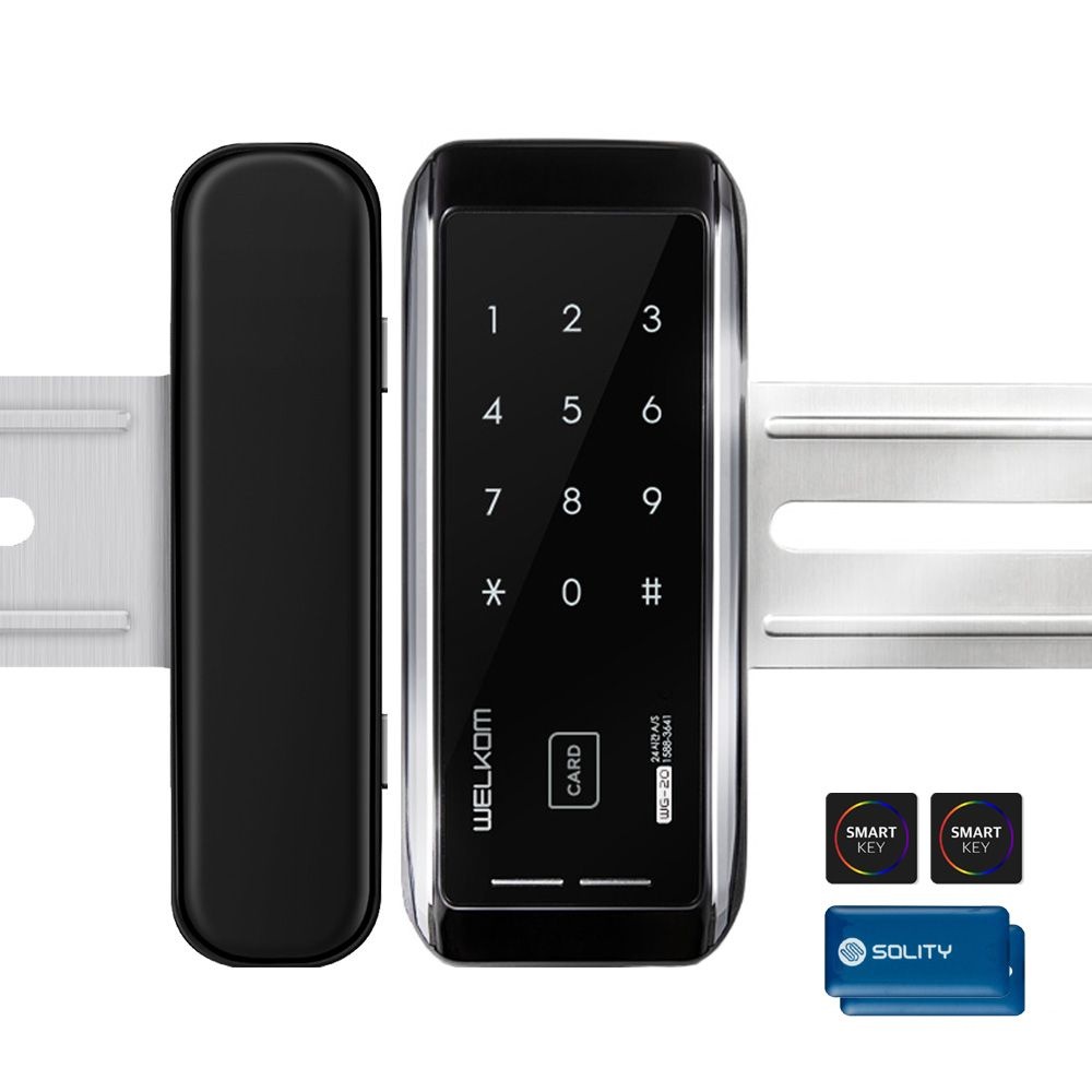 웰콤 솔리티 강화유리문용 도어록 WG-20 양문형 카드키4개+번호키 차임벨기능 상가 업소 빌라 현관문 디지털도어락