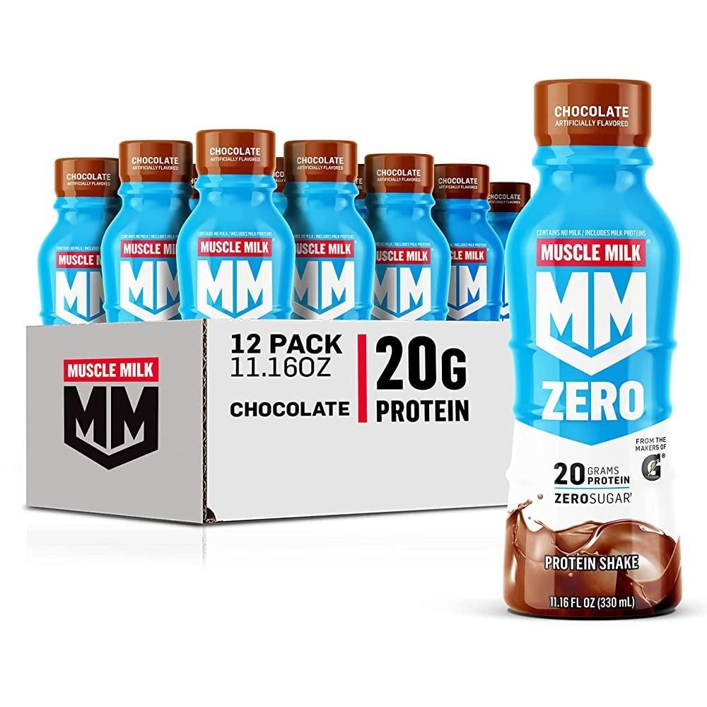[해외] Muscle Milk 제로 단백질 쉐이크, 초콜릿, 단백질 20g, 설탕 제로, 100칼로리, 칼슘, 비타민 A, C & D, 4g 섬유질, 에너자이