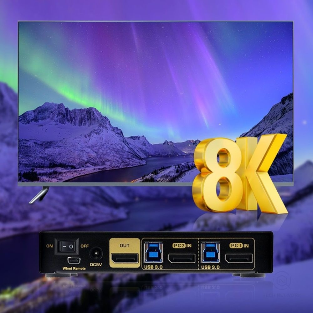 컴퓨터 PC 2대 동시연결 전환기 제어장치 8K DP포트 모니터용 2포트 듀얼 멀티 셀렉터 접속 분배기 KVM스위치 다중