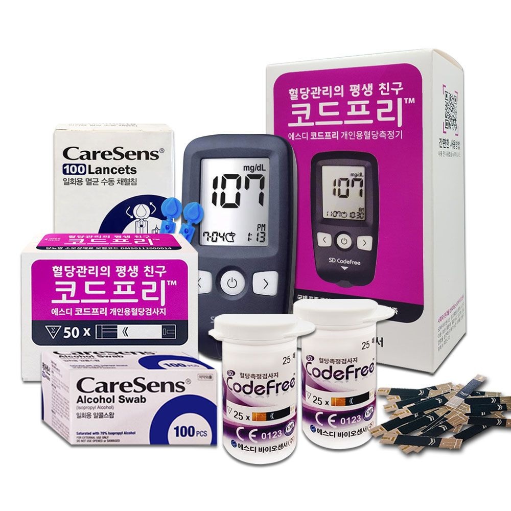 SD코드프리 혈당계+시험지200매+침200매+솜200매 당뇨 측정지 체크지 검사지 D