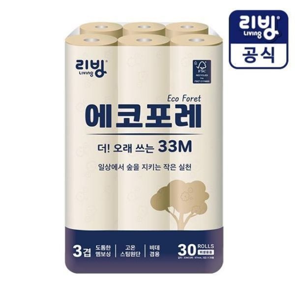 리빙 삼정펄프 리빙 에코포레 33M 슈퍼롱 화장지 30롤 친환경