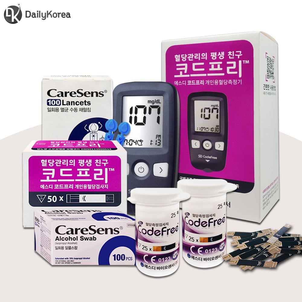 SD코드프리 혈당계+시험지200매+침200매+솜200매 검사지 당뇨 혈당 측정지 체크지 D