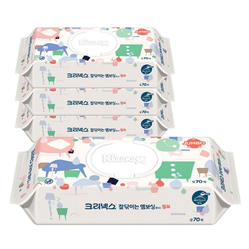 크리넥스 잘닦이는 엠보싱 물티슈 점보 캡형 70매 4입