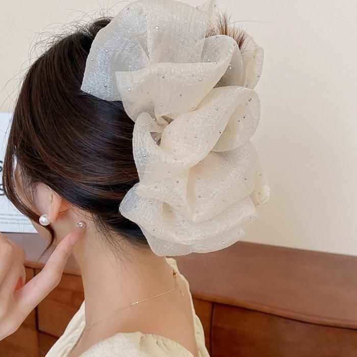 [루즈루나]리아 풍성 쉬폰 리본 큐빅 올림머리 반묶음 헤어 집게핀
