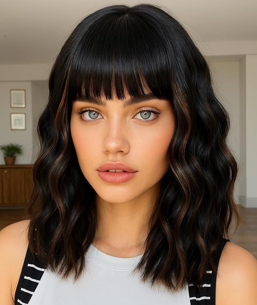 블랙 혼합 브라운 하이라이트 가발 흑인 여성용 짧은 웨이브 컬리 가발 앞머리 자연스러운 합성 헤어 가발, image size:842x1000