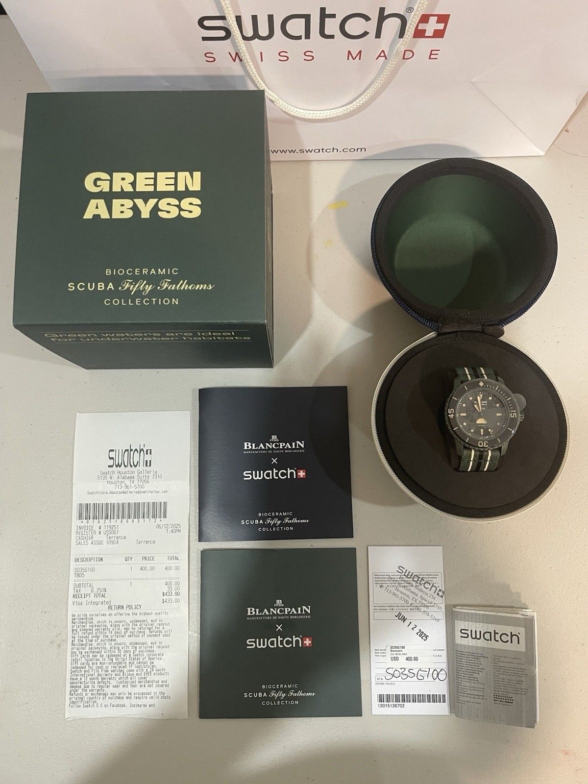 Blancpain x S시계 [세금포함] [정품] Bio세라믹 스쿠버 Fifty Fathoms 그린 Abyss NEW RECEIPT 손목시계 시계 명품시계 패션시
