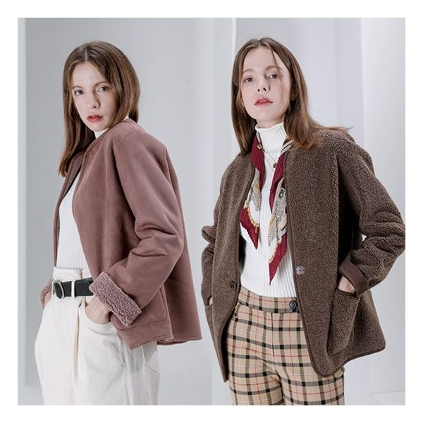 앙스블랑 정상가 +댓글이벤트 원버튼 노카라 리버서블 천연 양털 무스탕 자켓 905 663254