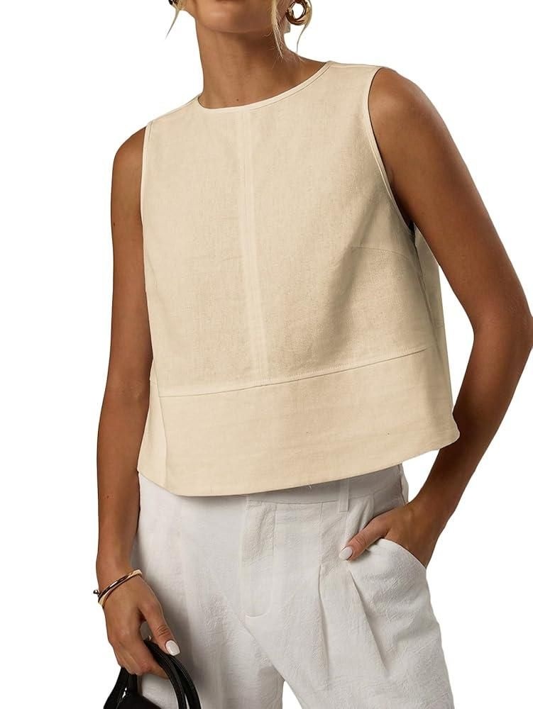 Mina Self 2025 여성용 리넨 크롭 탱크 탑 여름 민소매 루즈핏 캐주얼 작업 셔츠 블라우스 조끼, 1-화이트, M 152487