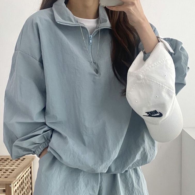 여성 루즈핏 반집업 티셔츠 밴딩 조거 팬츠 무지 트레이닝복 상하 세트 2컬러