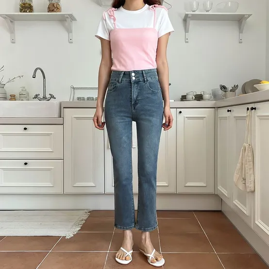 퀸카투버튼데님팬츠