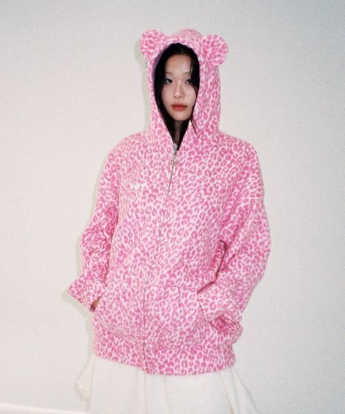 clutstudio 테디 레오파드 후드 집업 - 핑크