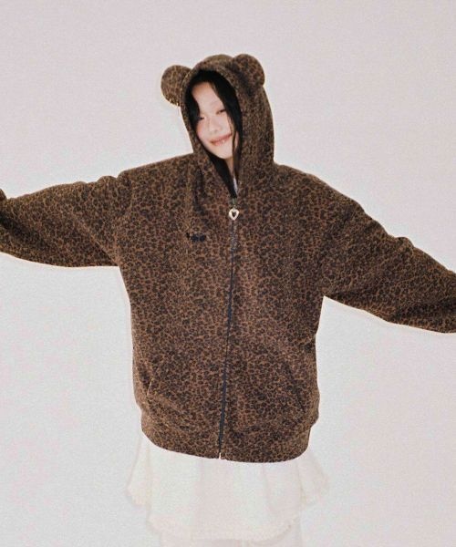 clutstudio 테디 레오파드 후드 집업 - 브라운