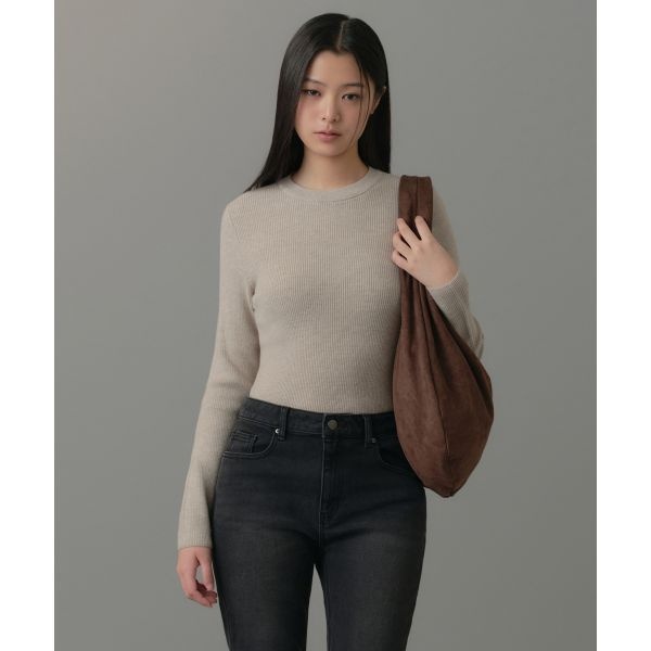 MUSINSA STANDARD WOMAN 우먼즈 리브드 슬림 크루 넥 니트 [라이트 베이지] 202226