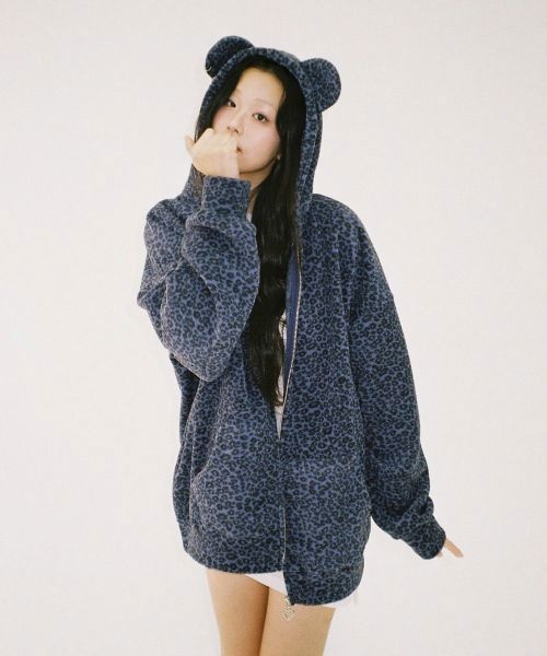 clutstudio 테디 레오파드 후드 집업 -바이올렛