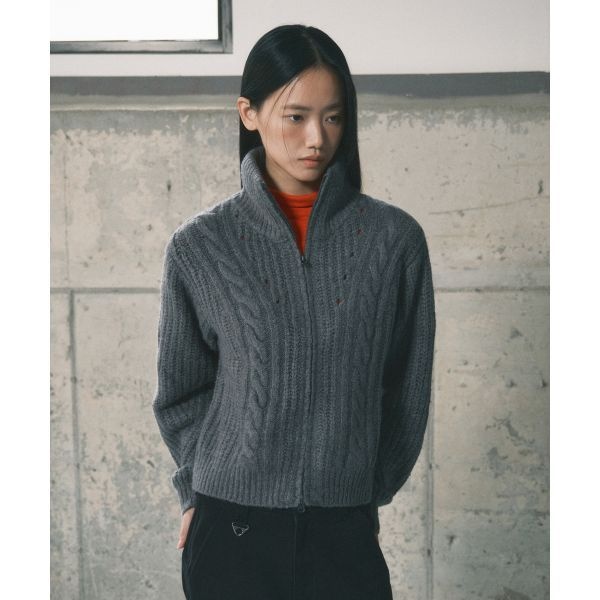 세컨모놀로그 SECONDMONO 커브드 패턴 헤비 울 하찌 니트 집업 CHARCOALSEKT030CHARCOAL 196316