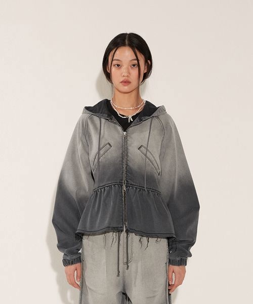 saltypebble GRADATION DENIM FLARED HOOD ZIP UP - GREY
