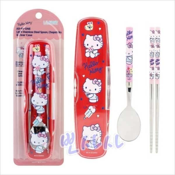 산리오 헬로키티 올인원 가벼운 진공 스텐 수저 클리어 케이스 3P 세트 1개 수저세트 도시락 휴대용 선물 캐릭터