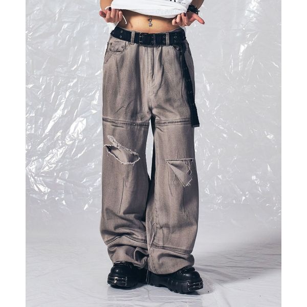 [SCHISM INDUCING]스키즘인듀싱 RIPPED BIKER PANTS MUD 250392