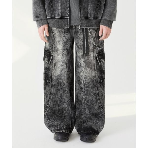 [TRILLION]트릴리온 TR일리오 ILLIO N 스톤 워싱 카고 와이드 데님 팬츠 노말 블랙 TRSPT24BK 330373