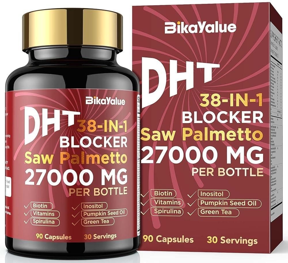 [해외] BIKAYALUE Saw Palmetto DHT 차단제, 1회 제공량당 10000mcg 비오틴 및 900mg 쏘팔메토 함유, 독점적인 건강 허브 블렌드, 남
