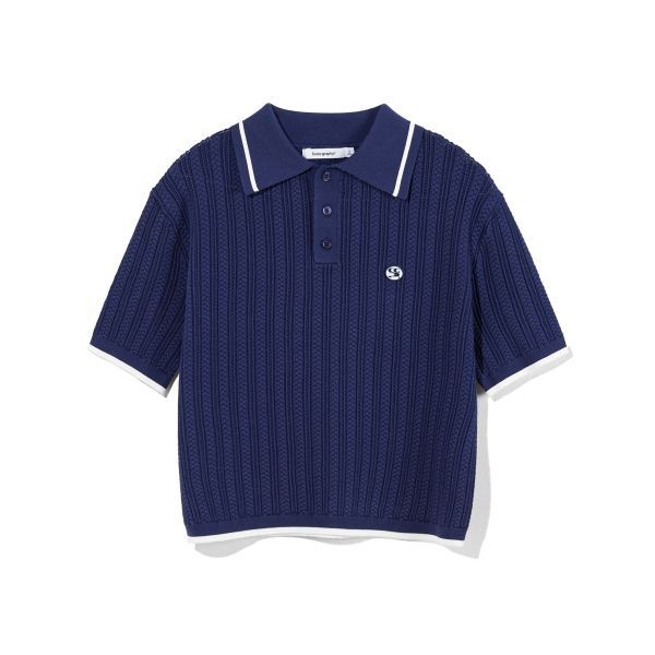 브랜드정품 코드그라피 CGP (우먼) WAVE 로고 심볼 케이블 카라 반팔 니트_네이비 278352