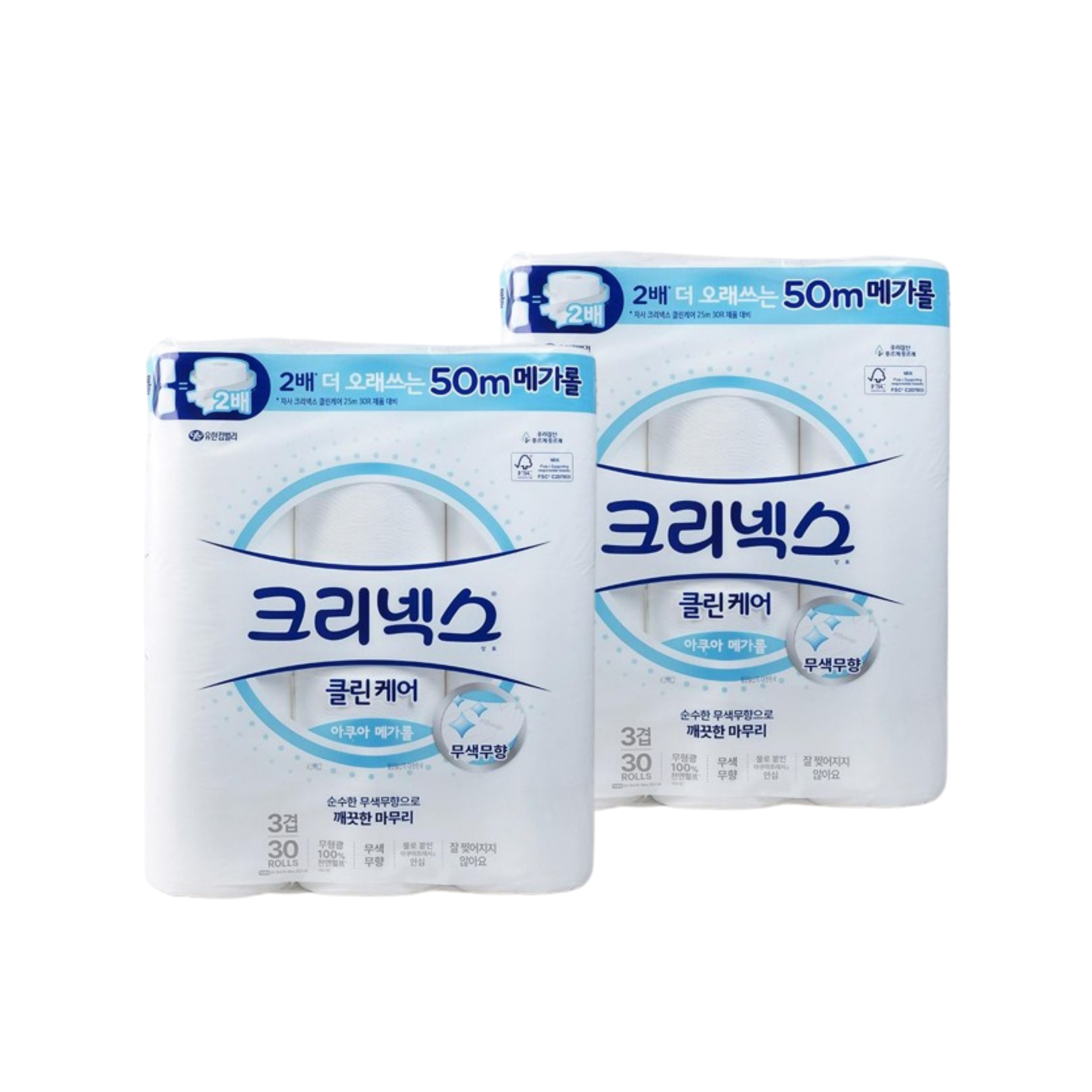 유한킴벌리 크리넥스 3겹 클린케어 아쿠아 메가롤 화장지 50M 30롤 x 2팩