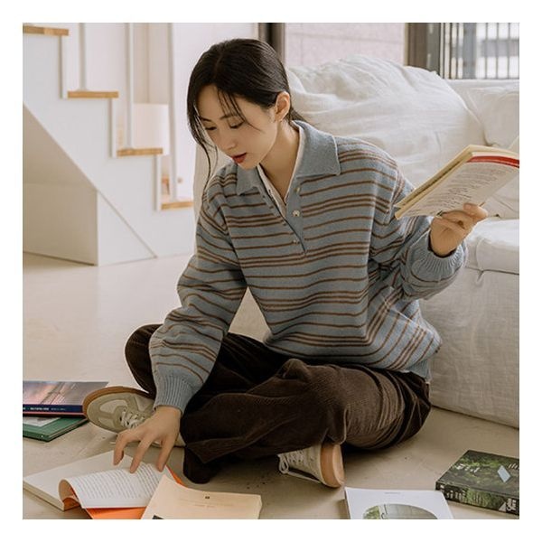 저스트원 라이브 카라넥배색 줄지니트 560831