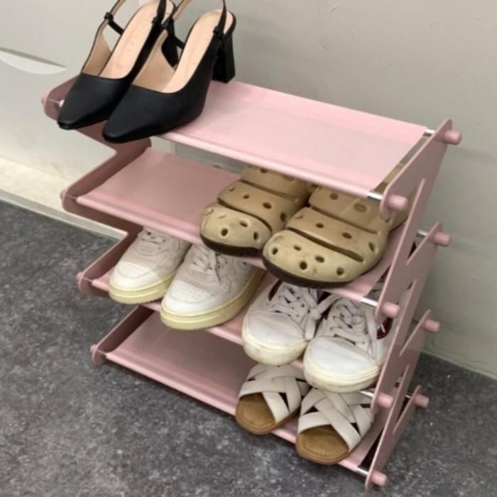 간이 신발장 신발 현관 신발정리대 좁은 수납정리대 선반 거치대 4단 핑크 미니 슬림