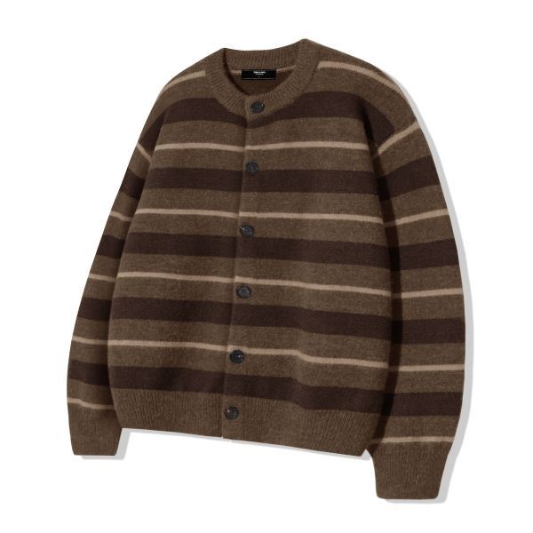 (정품판매처) 트릴리온 워셔블 헤어리 스트라이프 버튼 가디건 니트 브라운