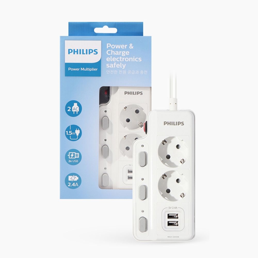 MMD Hong Kong Holding Limited [PHILIPS]필립스 2구 1.5m + USB충전 멀티탭 CHP4720W/61 개별스위치 3,300W 고급난연내열수지