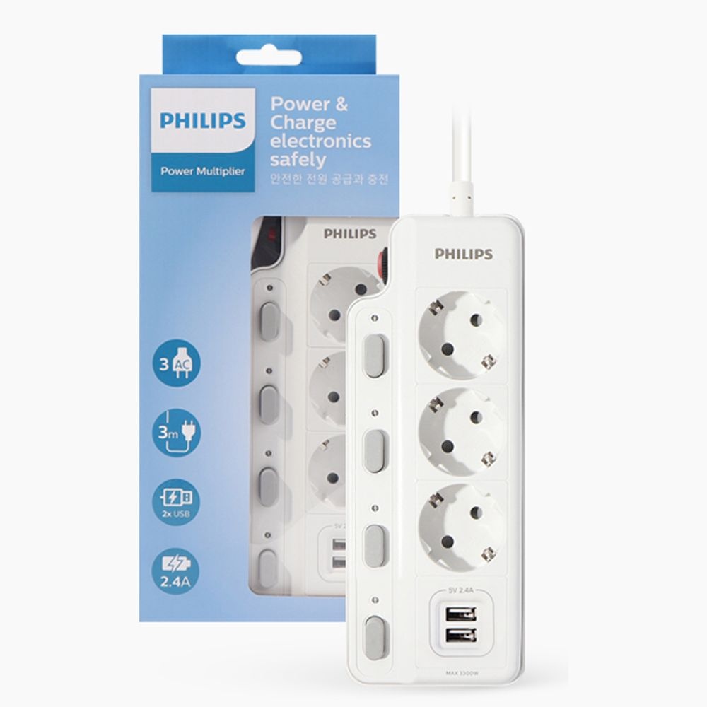MMD Hong Kong Holding Limited [PHILIPS]필립스 3구 1.5m + USB충전 멀티탭 CHP4730W/61 개별스위치 3,300W 고급난연내열수지