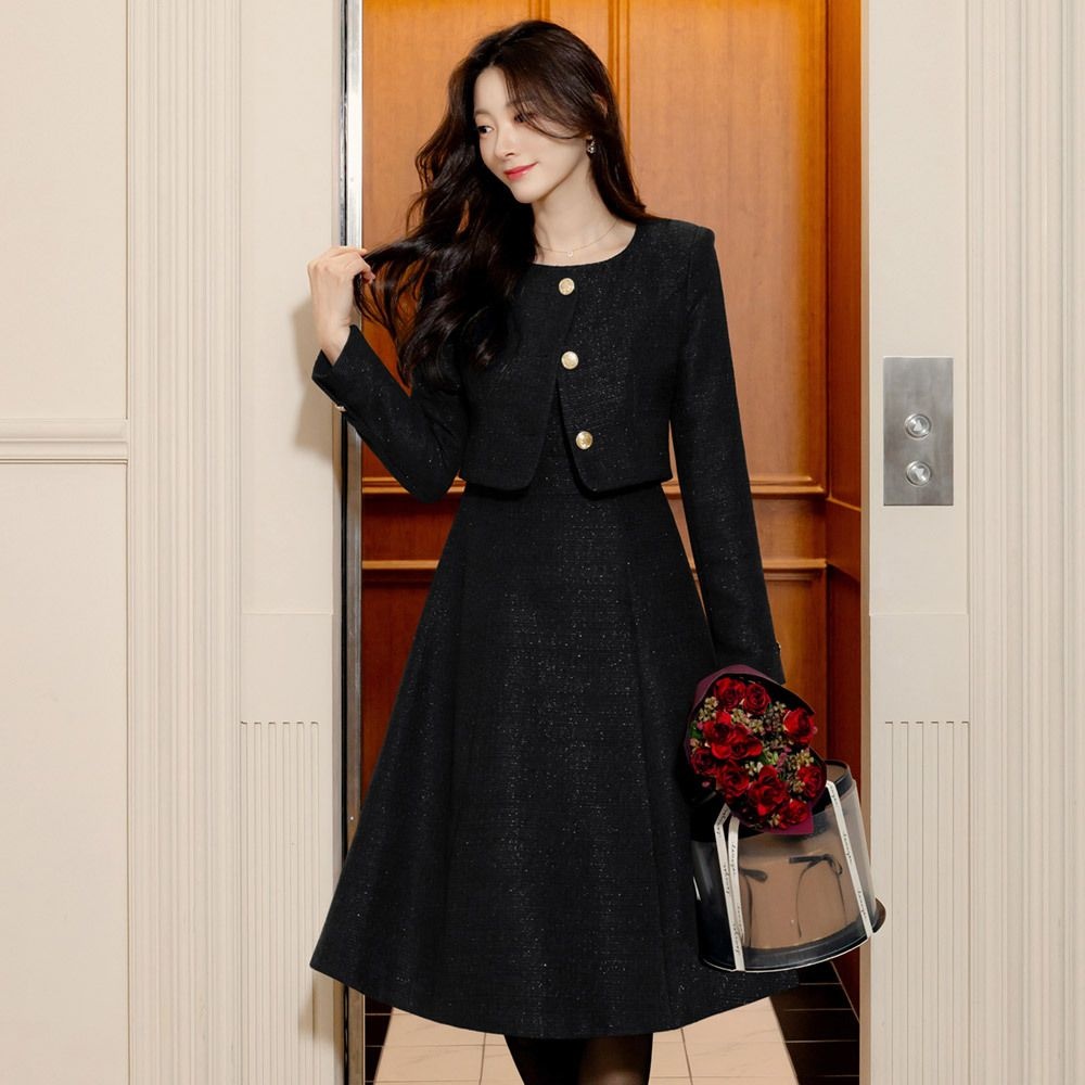 시크라인 (~XXL까지) 코이트라 트위드 자켓 레이어드 원피스 겨울 하객룩 오피스룩 모임룩 격식룩 연말룩 빅사이즈