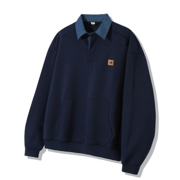 트릴리온 TRILLION 기모추가 레더 패치 데님 카라 럭비 맨투맨_네이비 746180