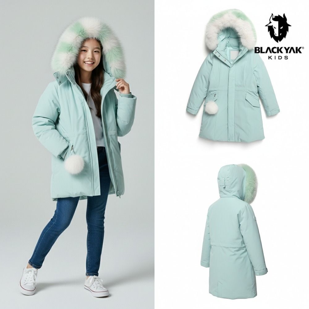블랙야크 [백화점 출고] 블랙야크 키즈 패딩 여아 로즈 L다운 자켓 에메랄드 퍼 후드 털 롱 점퍼