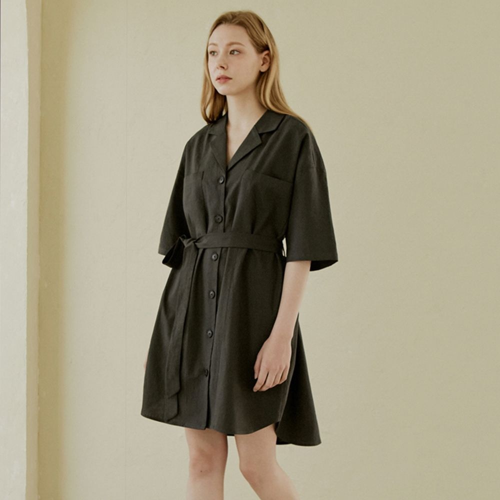 아방 Oversized Boyfit Linen Shirt Dress - Dark Grey