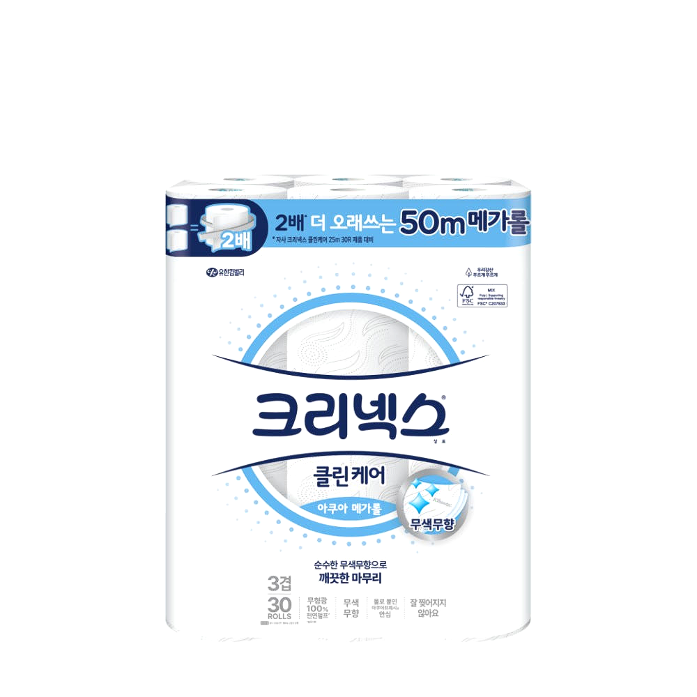 크리넥스 크리넥스 3겹 클린케어 아쿠아 메가롤 국내생산 화장지 50m X 30롤 X 2팩