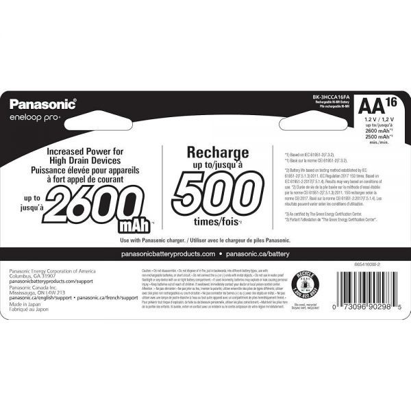 [Eneloop]PanasON 온ic 에네루프 프로 대용량 Ni-MH 충전식 배터리 AA 16팩 충전 상태 (BK-3HCCA16FA) 176448
