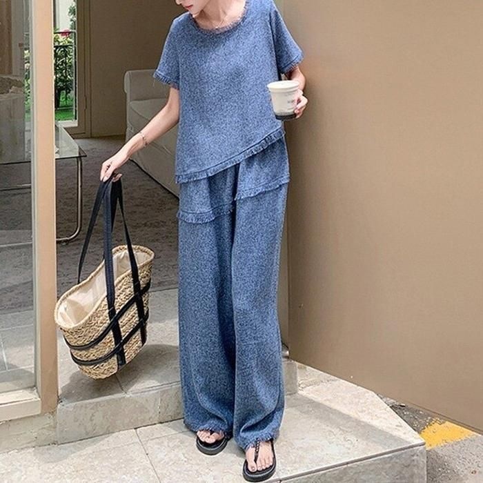 상품 상세설명 참조 [핑크엘리제]프린지 언발 반팔티 와이드핏 팬츠 세트 에르비투피스