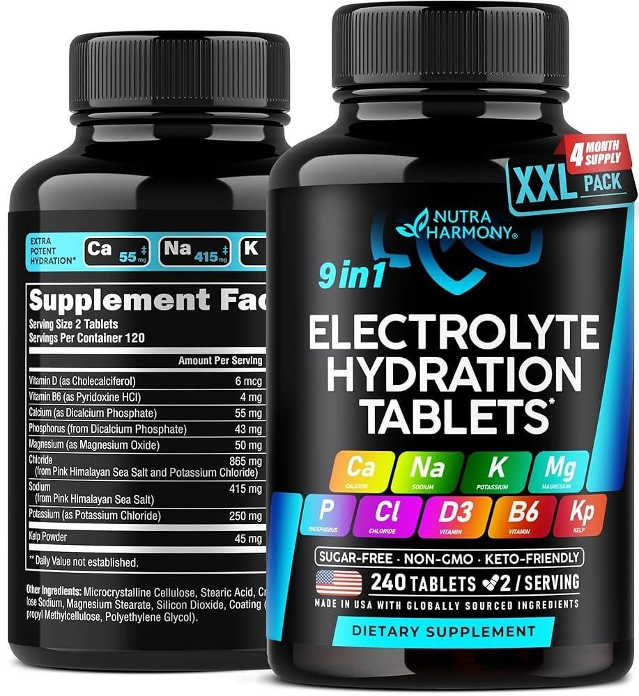 전해질 - 마그네슘, 나트륨, 칼륨, 염화물, 비타민 D3 및 B6가 함유된 정제, 다시마 파우더 소금 알약 미국 제조 캡