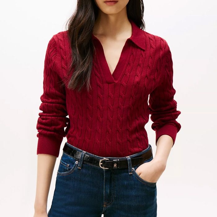 Tommy Hilfiger [해외] 타미힐피거 타미 여자 오픈 플랭킷 케이블 니트 스웨터 Rouge