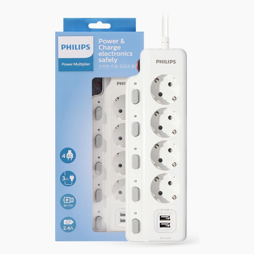 MMD Hong Kong Holding Limited [PHILIPS]필립스 4구 3m + USB충전 멀티탭 CHP4740WB/61개별스위치 3,300W 고급난연내열수지