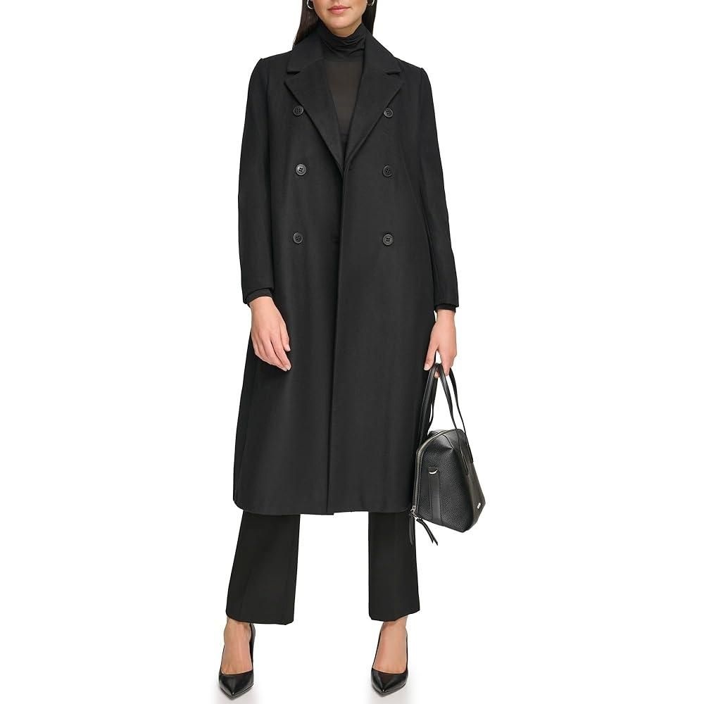 [캘빈클라인]Calvin Klein 여성용 전체 길이 버튼 울 코트 (쁘띠, 스탠다드, 플러스), 더블 브레스트 블랙 282809